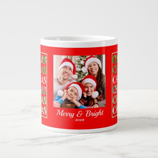 Custom Festive Red Green Christmas Photo Grote Koffiekop (Voorkant)