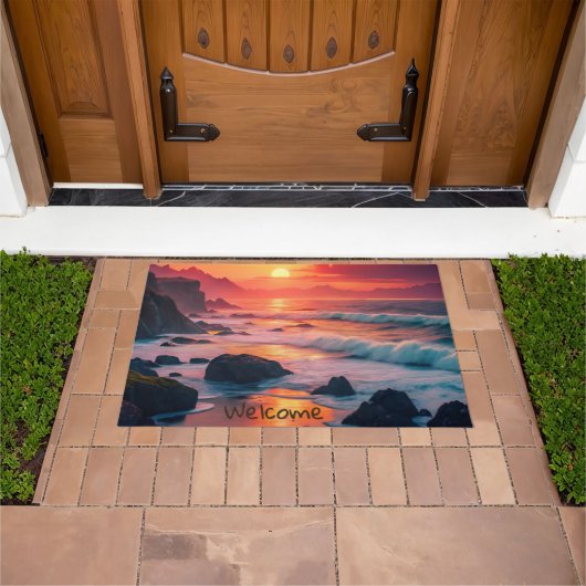 Custom Fiery Sunset Coastline – Ocean Cliffs Deurmat (Buiten)