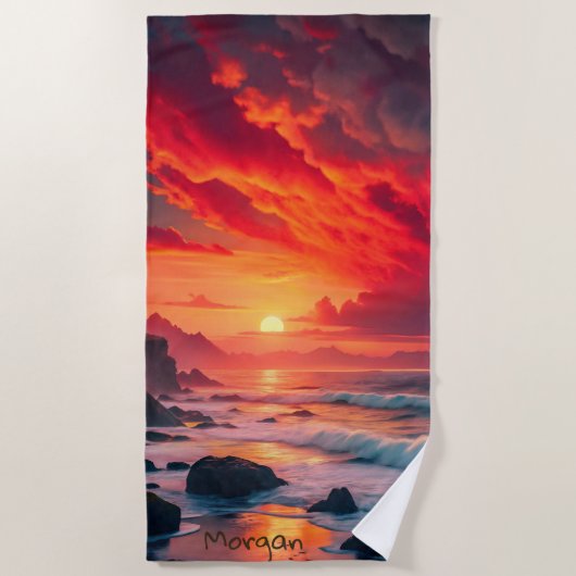 Custom Fiery Sunset Coastline – Ocean Cliffs Strandlaken (Voorkant)