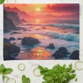 Custom Fiery Sunset Coastline – Ocean Cliffs Theedoek (Gevouwen)