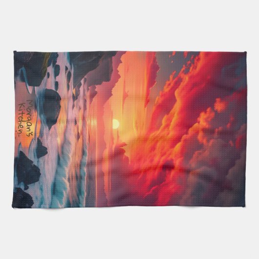 Custom Fiery Sunset Coastline – Ocean Cliffs Theedoek (Horizontaal)