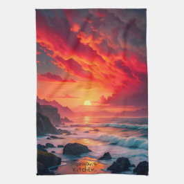 Custom Fiery Sunset Coastline – Ocean Cliffs Theedoek