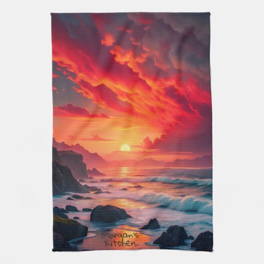 Custom Fiery Sunset Coastline – Ocean Cliffs Theedoek (Verticaal)