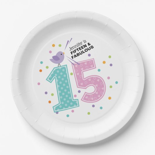 Custom Fifteen en Fabulous Roze Confetti Verjaarda Papieren Bordje (Voorkant)