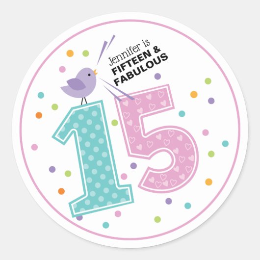 Custom Fifteen en Fabulous Roze Confetti Verjaarda Ronde Sticker (Voorkant)