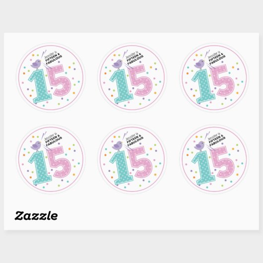 Custom Fifteen en Fabulous Roze Confetti Verjaarda Ronde Sticker (Vel)