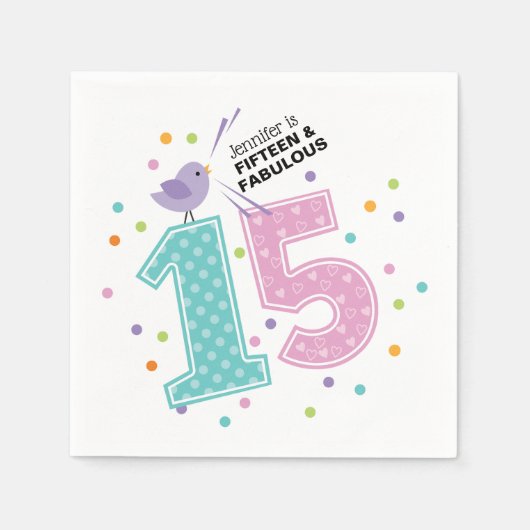 Custom Fifteen en Fabulous Roze Confetti Verjaarda Servet (Voorkant)