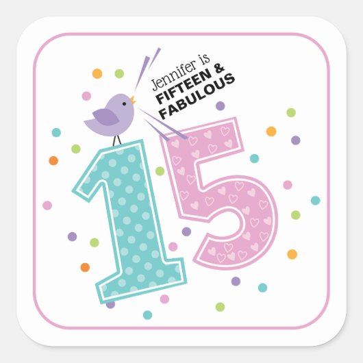 Custom Fifteen en Fabulous Roze Confetti Verjaarda Vierkante Sticker (Voorkant)