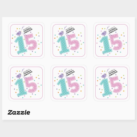 Custom Fifteen en Fabulous Roze Confetti Verjaarda Vierkante Sticker (Vel)