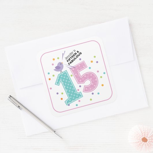 Custom Fifteen en Fabulous Roze Confetti Verjaarda Vierkante Sticker (Envelop)