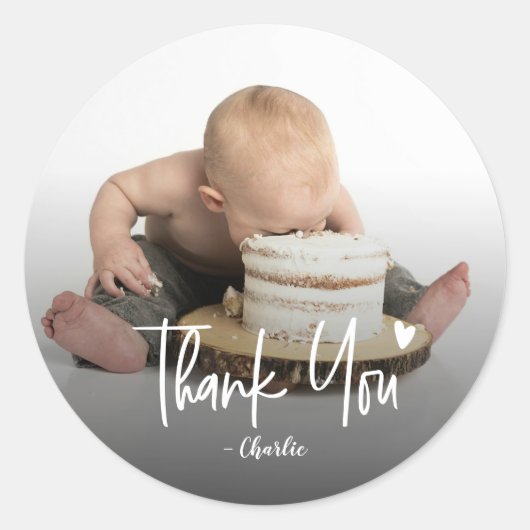 Custom First Birthday Photo Script Thank You Ronde Sticker (Voorkant)