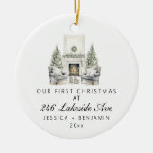 Custom First Christmas in ons nieuwe gezin Keramisch Ornament (Voorkant)