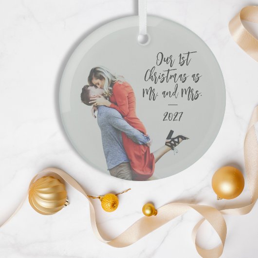 Custom First Christmas Mr en Mrs Photo Overlay Glas Ornament