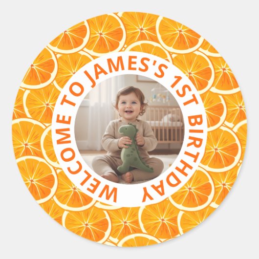 Custom First Citrus Birthday Photo Ronde Sticker (Voorkant)