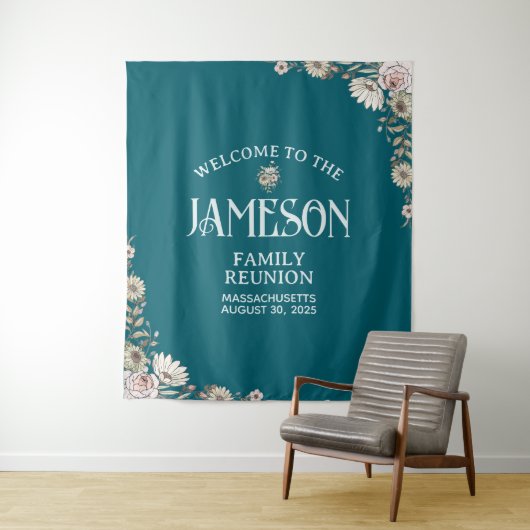 Custom Floral Classic Script Family Reunion Wandkleed (In situ)