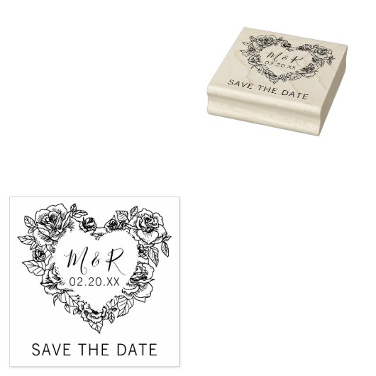 Custom Floral Heart Initialen Sla de datum op Rubberstempel (Gestempeld)