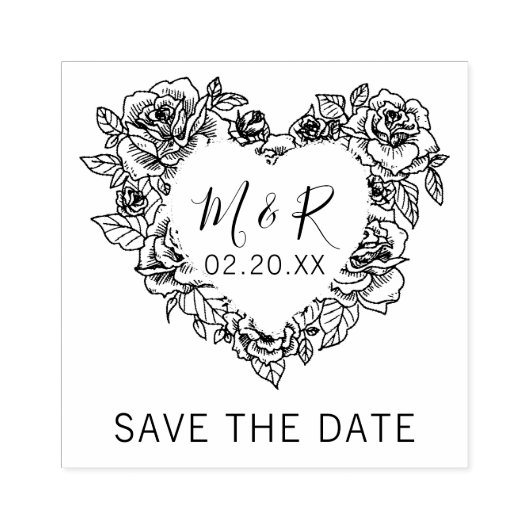 Custom Floral Heart Initialen Sla de datum op Rubberstempel (Afrduk)