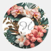 Custom Floral Monogram Tropical Round Sticker (Voorkant)