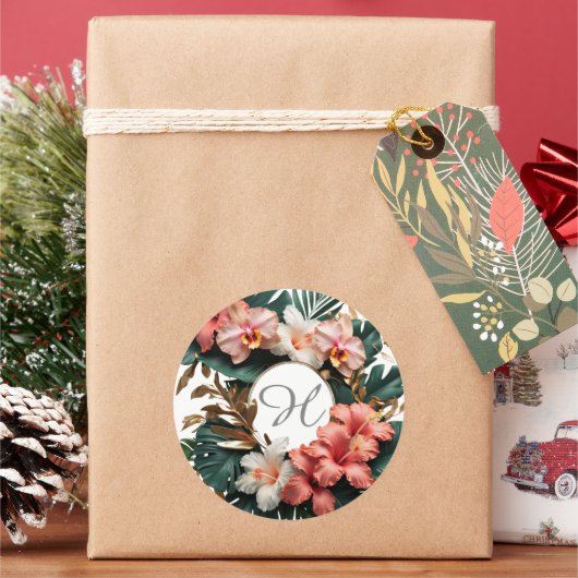 Custom Floral Monogram Tropical Round Sticker (Feestdagen)