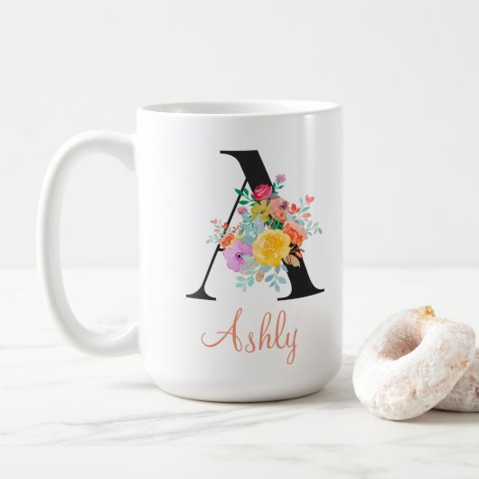 Custom Floral Watercolor Monogram Name Koffiemok (Met donut)