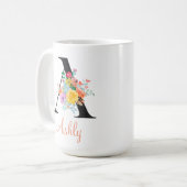Custom Floral Watercolor Monogram Name Koffiemok (Voorkant links)