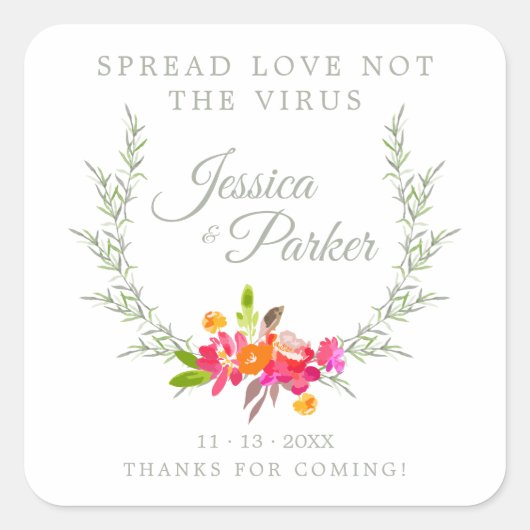 Custom Floral Wreath Wedding Sanitizer Hand Gel Vierkante Sticker (Voorkant)