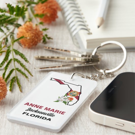 Custom Florida Flag State Flower Sinaasappel Bloss Sleutelhanger (Voorkant Rechts)