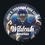 Custom Football Player Foto High School Spirit Magneet<br><div class="desc">Deze coole op maat gemaakte high school football player foto spirit magneet is voorzien van witte typografie van uw team en spelersnaam. Personaliseer met het mascotte type op de foto van de atleet.</div>