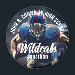 Custom Football Player Foto High School Spirit Magneet<br><div class="desc">Deze coole op maat gemaakte high school football player foto spirit magneet is voorzien van witte typografie van uw team en spelersnaam. Personaliseer met het mascotte type op de foto van de atleet.</div>