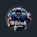 Custom Football Player Foto High School Spirit Ronde Button 5,7 Cm<br><div class="desc">Deze coole aangepaste middelbare school football player foto spirit knop is voorzien van witte typografie van uw team en de naam van de speler. Personaliseer met het mascotte type op de foto van de atleet.</div>