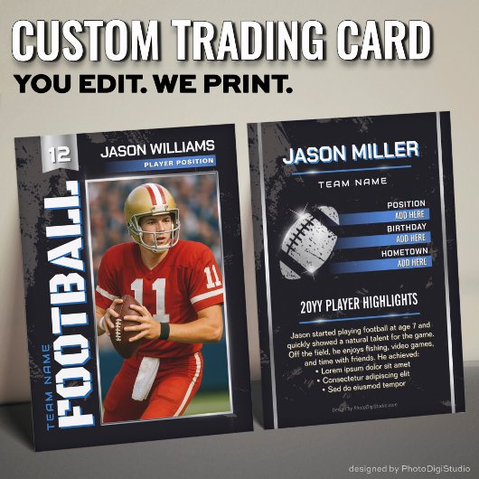 Custom Football Trading Card, Blue Power Player Contactkaartje