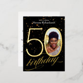 Custom Foto Confetti Zwart Goud 50e Verjaardag Folie Uitnodiging Briefkaart (Voorkant / Achterkant)