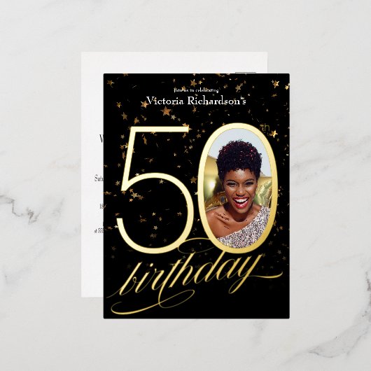 Custom Foto Confetti Zwart Goud 50e Verjaardag Folie Uitnodiging Briefkaart (Voorkant / Achterkant)