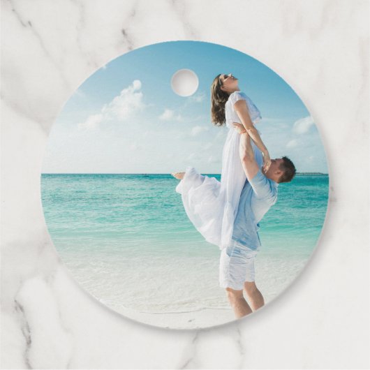 Custom Foto Modern Beach Wedding dank u Thema Bedankjes Labels (Achterkant)