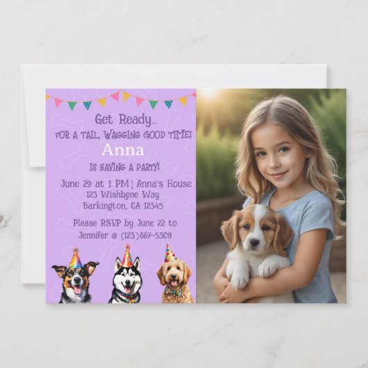 Custom Foto Paarse Puppy Dog Verjaardag Paw-ty Kaart (Voorkant)