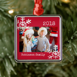 Custom Foto Rood Ornament met Sneeuwvlokken