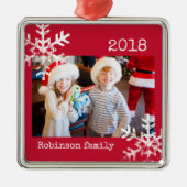 Custom Foto Rood Ornament met Sneeuwvlokken (Voorkant)