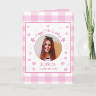 Custom Foto Roze 17e Verjaardag Groet Kaart