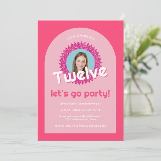 Custom Foto Roze Glitter Tiener Heet Roze Invite Kaart (Staand voorkant)