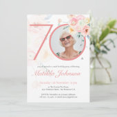 Custom Foto Roze Waterverf Bloemen 70e Verjaardag Kaart (Staand voorkant)