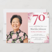 Custom Foto Roze Waterverf Bloemen 70e Verjaardag Kaart (Voorkant)