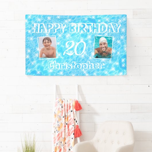 Custom Foto Verjaardag Zwembad Party Blauw Water R Spandoek (Insitu)
