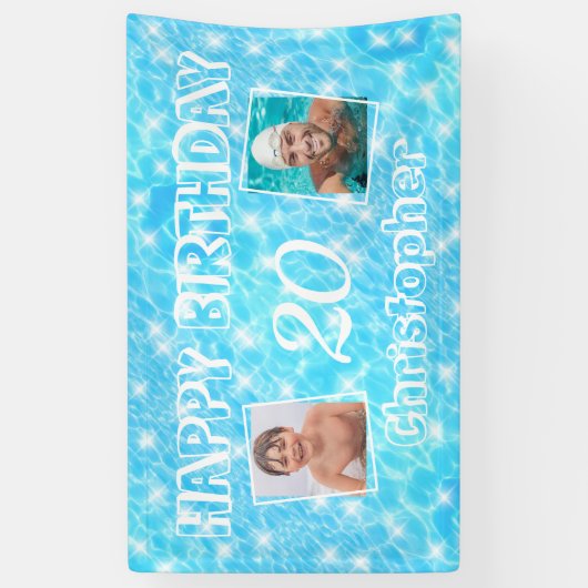Custom Foto Verjaardag Zwembad Party Blauw Water R Spandoek (Verticaal)