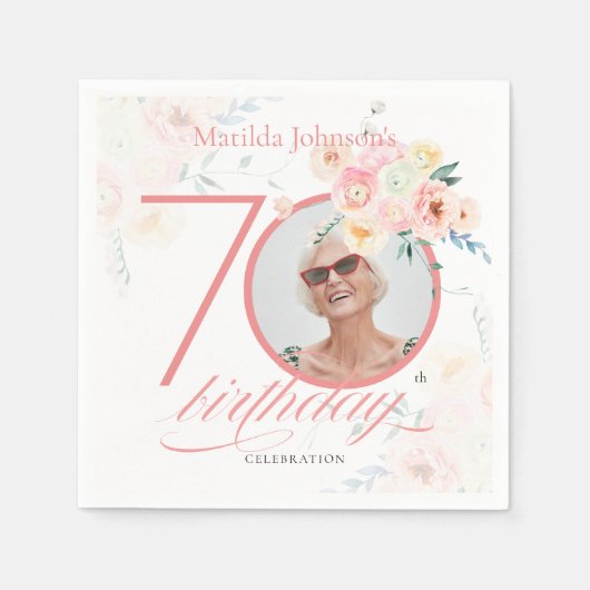 Custom Foto Waterverf Roze Bloemen 70e Verjaardag Servet (Voorkant)
