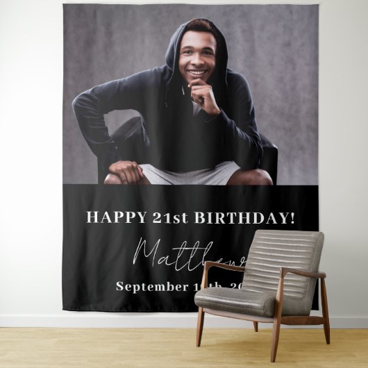 Custom foto zwart wit modern guy verjaardag wandkleed (In situ)