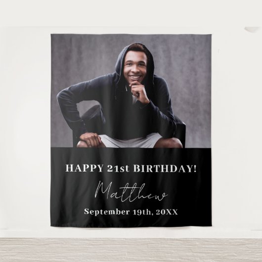 Custom foto zwart wit modern guy verjaardag wandkleed (Voorkant)