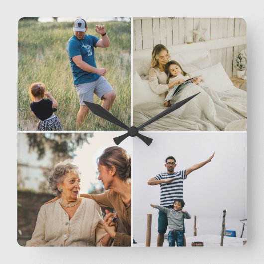 Custom Four Photo Collage Template Modern Vierkante Klok (Voorkant)