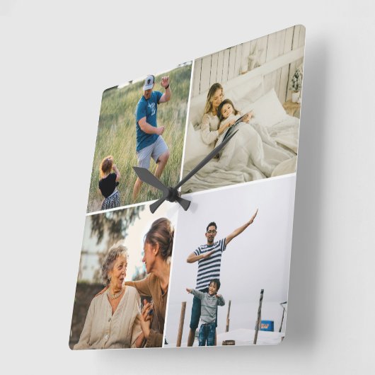 Custom Four Photo Collage Template Modern Vierkante Klok (Hoek)