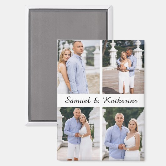 Custom Four Photo Romantic Keepsake with Names Magneet (Voorkant / Achterkant)