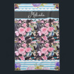 Custom French Pastel Pink Blue Rose Roses Painting Theedoek<br><div class="desc">Shabby Chic Floral Aqua Stripe Christmas Stocking. From my own art design.</div>